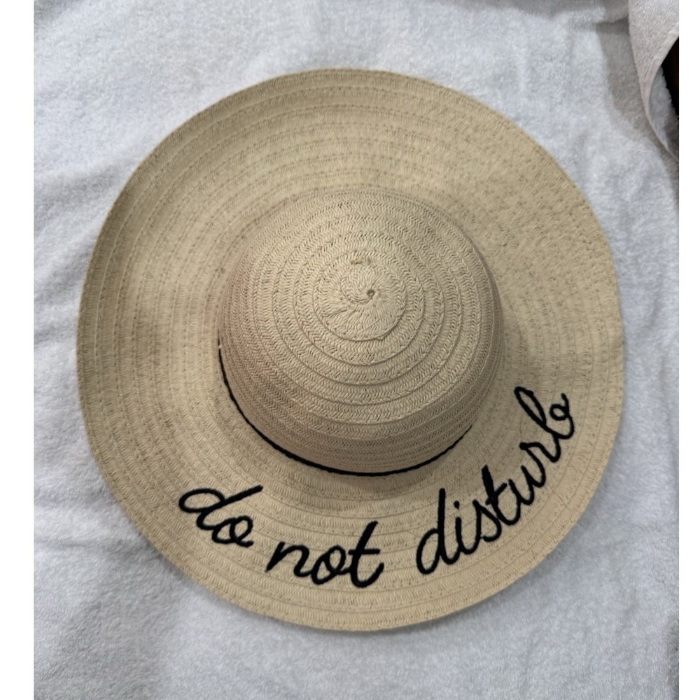 Women's Beige Braided Wide Brim Sun Hat Embroidered "Do Not Disturb"